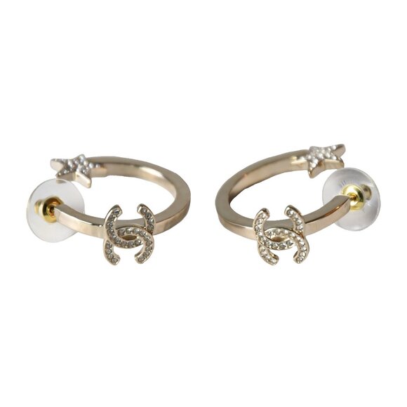 Chanel Crystal Strass CC Star Loop Earrings Gold - Picture 1 of 2